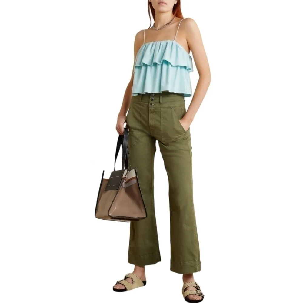 alice + olivia Cropped Tiered Linen-blend Top, Size 8, Blue, NWT